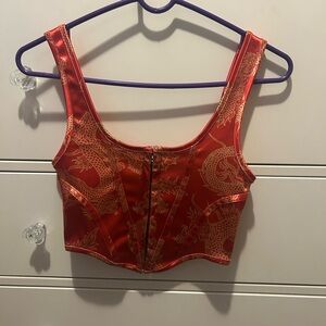Motel Rocks Red and Gold Dragon Corset Crop Top Size S